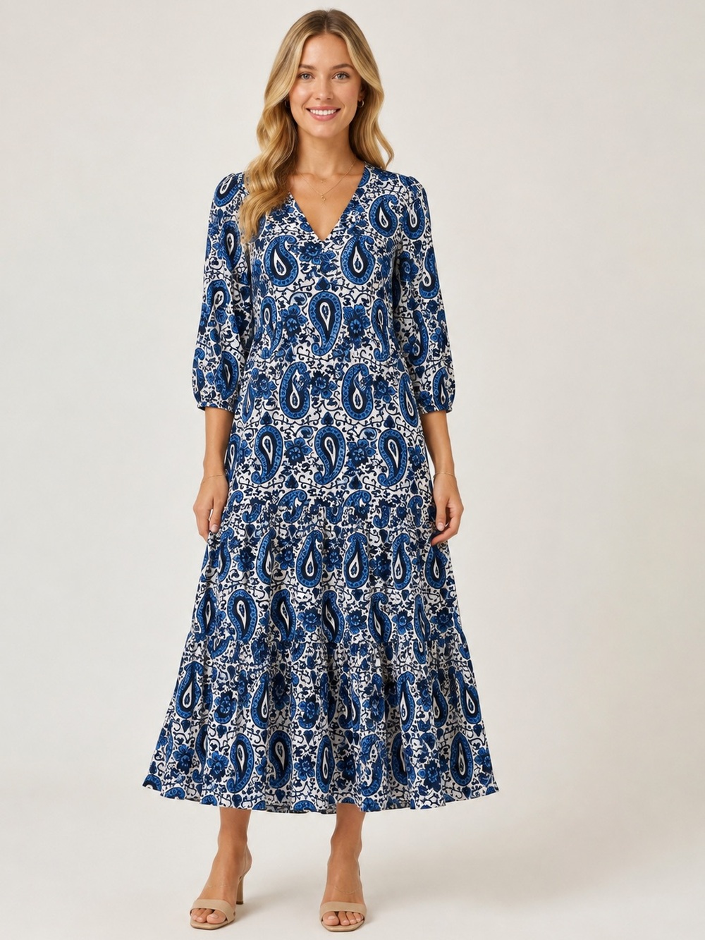 Boden 10P Blue White Paisley Boho Tiered Maxi Dress 3/4 Sleeve Pockets Viscose